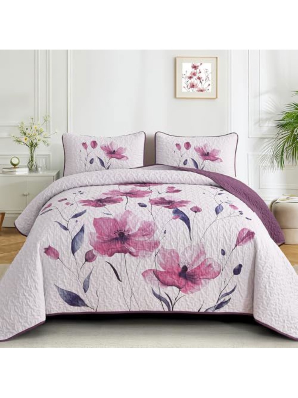 Floral Pink Quilt Set - Light Pink and Plum Bedding